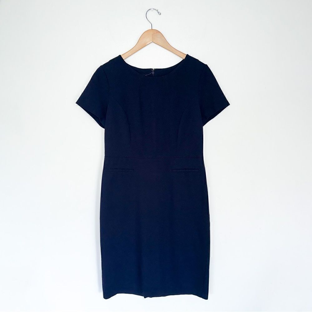 Talbots Women’s Dark Navy Short Sleeve Stretch Faux Pocket Midi Sheath Dress